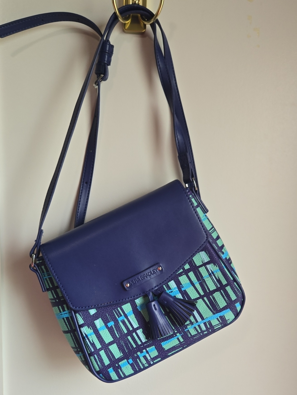 Navy Blue Patterned Crossbody Bag with Tassel